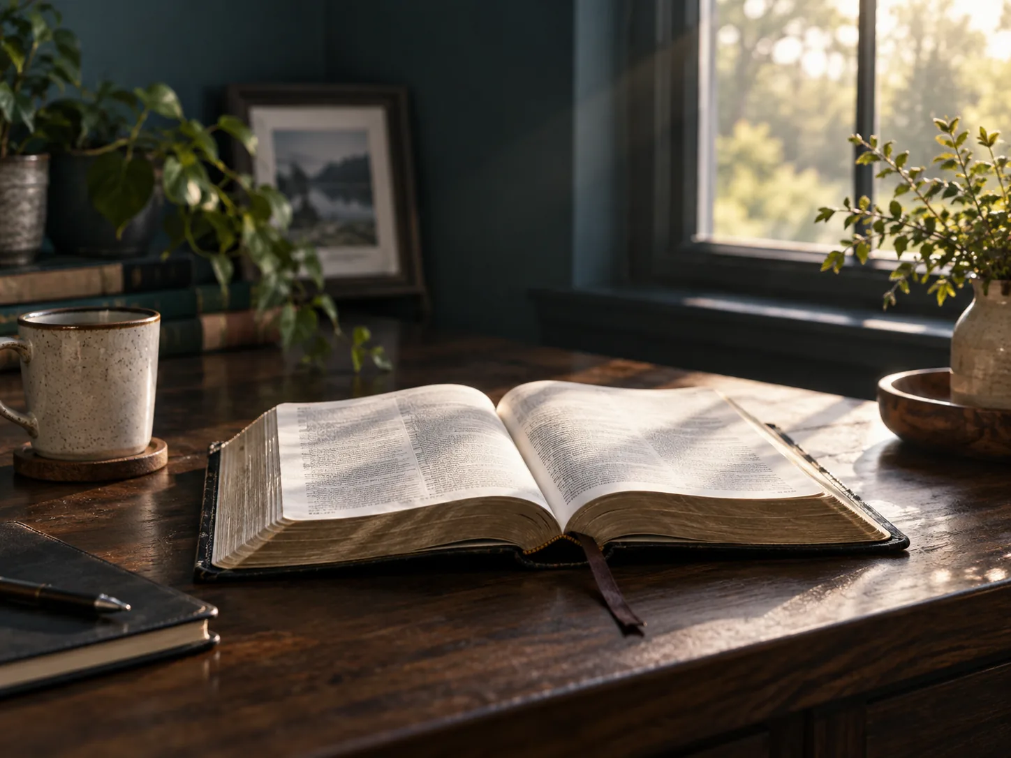 An open Bible on a wooden desk in soft morning light.